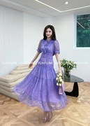 超仙梦幻紫色雪纺，收腰大摆长裙2023夏季高级感茶歇修身连衣裙