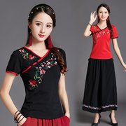 民族风短袖上衣女夏季中国风修身大码刺绣半袖，女t恤v领小衫