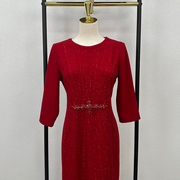 喜婆婆婚宴礼服妈妈装圆领钉珠高贵中国红气质连衣裙大码