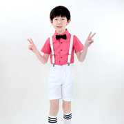 儿童花童礼服男童粉红衬衫白色，背带短裤主持钢琴合唱表演出服