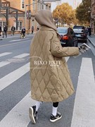 RIXO EXIT法式羽绒服菱形格中长款棉服女外套2023宽松冬棉袄