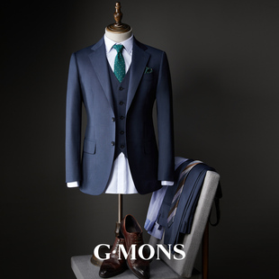吉约蒙羊毛西服套装男深蓝色商务，正装新郎结婚礼服，高级感西装外套