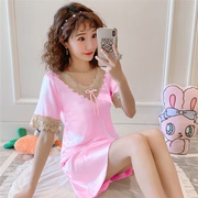 睡裙女夏天薄款冰丝绸韩国pink网红风大码短袖性感粉色睡衣家居服