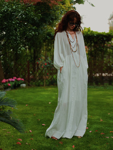 原创设计全棉连衣长裙拖地裙波西米亚度假白色棉长裙海边连衣裙