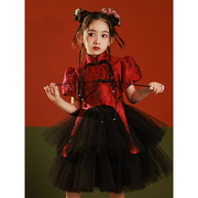 23红色女童礼服走秀中国风公主裙旗袍儿童生日宴女孩演出服两件套
