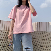 简约粉色t恤女宽松学生，韩版夏季棉质，原宿风纯色内搭短袖体恤上衣