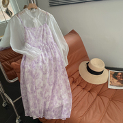立领轻薄长袖雪纺衫紫色，轻熟淑女吊带裙，两件套时尚休闲洋气g$24