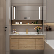 岩板轻奢北欧原木色浴室柜，日式洗脸洗手盆实木，卫浴玻璃门智能镜柜