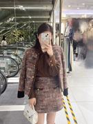 韩国ulzzang秋冬法式气质时尚圆领单排扣呢料，外套+半身裙套装