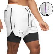 asrv夏季男士运动短裤，美式假两件双层速干裤男多袋跑步训练健身裤