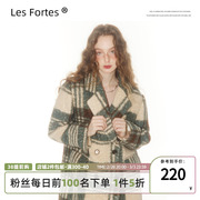 Les Fortes/22AW 原创设计格纹卷毛毛呢复古大衣冬季长款夹棉外套