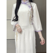 年春季白藤紫改良版，倒大袖旗袍，白色长款连衣裙气质女显瘦