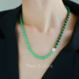 twolliu原创设计新中式绿色项链女人造石国风翠绿混搭珍珠毛衣链