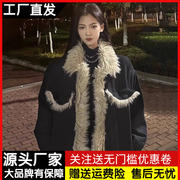 复古羊羔毛拼接黑色牛仔外套女冬季宽松中长款夹棉加厚棉服大衣潮