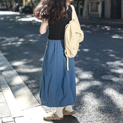 艺野系 复古蓝色半身裙女日式工装裙小个子气球裙高腰a字花苞裙