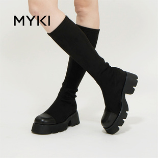 MYKI2023秋冬百搭黑色瘦瘦靴时尚流行英伦风复古弹力靴女