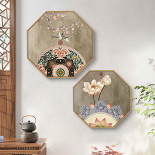 新中式花鸟挂画八边形复古餐厅，装饰画沙发背景墙，挂画禅意简约壁画