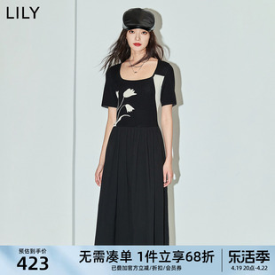 lily2024夏女装(夏女装，)浪漫复古气质，方领针织拼接高腰连衣裙小黑裙女