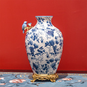 欧式陶瓷配铜花瓶新中式创意青花瓷小鸟花器高档家居玄关奢华摆件