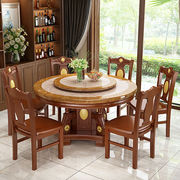 大理石餐桌椅圆形圆桌带转盘实木大理石圆餐桌欧式餐桌椅组合