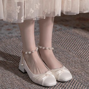 小香风韩版珍珠一字带玛丽珍鞋女2024可配裙子穿粗跟方头单鞋