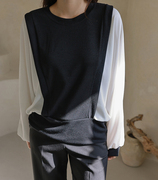 韩国大码女装2023秋装时尚圆领蝙蝠袖时尚假两件长袖T恤