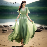 夏天连衣裙女绿色雪纺裙短袖到脚踝长裙漂亮好看度假裙海边沙滩裙