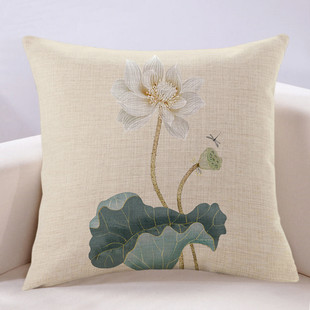 新中式沙发抱枕荷花米色花卉，靠垫亚麻中国风客厅高档靠背枕套含芯