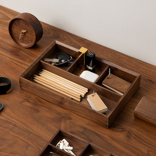 日式玄关收纳盒杂物钥匙，木质分格放置盘办公文具桌面收纳盒
