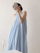 蓝色苎麻连衣裙女夏季法式温柔度假裙子露肩宽松设计感挂脖长裙