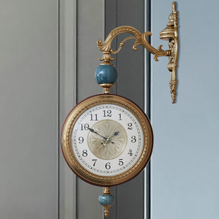 欧式镀铜客厅静音双面挂钟美式复古陶瓷双面钟个性创意实木两面钟