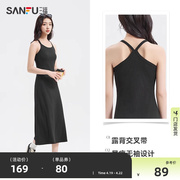 三福吊带连衣裙2024夏季法式气质，修身显瘦黑色，背心长裙子女装