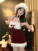 甜辣妹挂脖蝴蝶结连衣裙女冬季收腰包臀短裙圣诞穿搭红色毛毛裙子