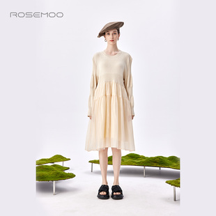 容子木rosemoo商场同款毛织拼接丝质，面料中长连衣裙rmt1ls170a
