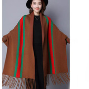 秋冬女装流苏条纹双面，两用女条纹，加厚长款带袖披肩羊绒斗篷外套