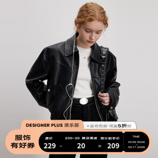 DESIGNER PLUS 美式复古PU黑色皮衣女小个子拉链短款机车夹克外套