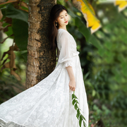 棉麻记白色连衣裙设计感女夏2023年宽松v领长裙气质拼接裙子