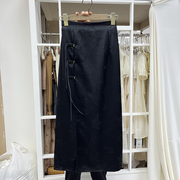 新中式旗袍盘扣提花黑色半身裙国风高级感拼接蕾丝开叉一步长裙子