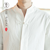 中国风秋季男复古立领，亚麻衬衫上衣，中式唐装棉麻茶服白色盘扣衬衣