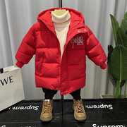 男童棉服冬季中长款加厚棉衣，2023红色拜年宝宝，儿童羽绒棉外套
