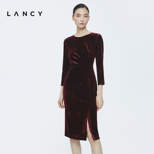 lancy朗姿新年宴会丝绒连衣裙，女士高级感收腰显瘦法式中长款裙子