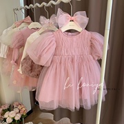 韩国女童连衣裙夏季洋气超仙粉色泡泡袖礼服小女孩蓬蓬网纱公主裙