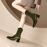 金丝绒法式绿色酒红色靴子短靴高跟单(高跟单)靴女靴秋冬季粗跟中筒女lj