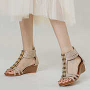 坡跟罗马凉鞋女2024波西米亚民族风复古手工串珠度假旅游女鞋