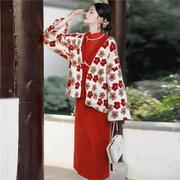 秋冬红色订婚旗袍女新中式国风冬装羊羔毛外套超好看连衣裙两件套