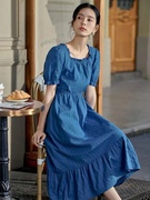 茵曼法式方领连衣裙女士2023年夏季宽松显瘦蓝色a字中长裙子