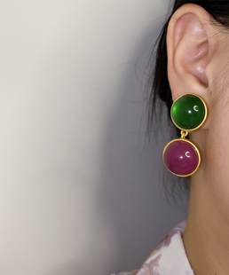 欧美夸张小众设计感撞色绿色紫色复古耳环，女港风气质925银针耳钉