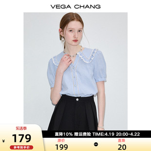 vegachang格子衬衫女2024年夏季设计感蓝白格娃娃领短袖上衣