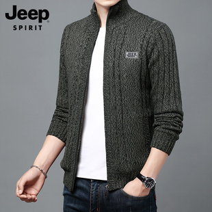 jeep吉普男士毛衣秋冬立领，开衫上衣休闲长袖绒毛保暖外套男生