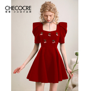 茬客2024夏季连衣裙女法式复古风，减龄泡泡袖，方领气质优雅红色短裙